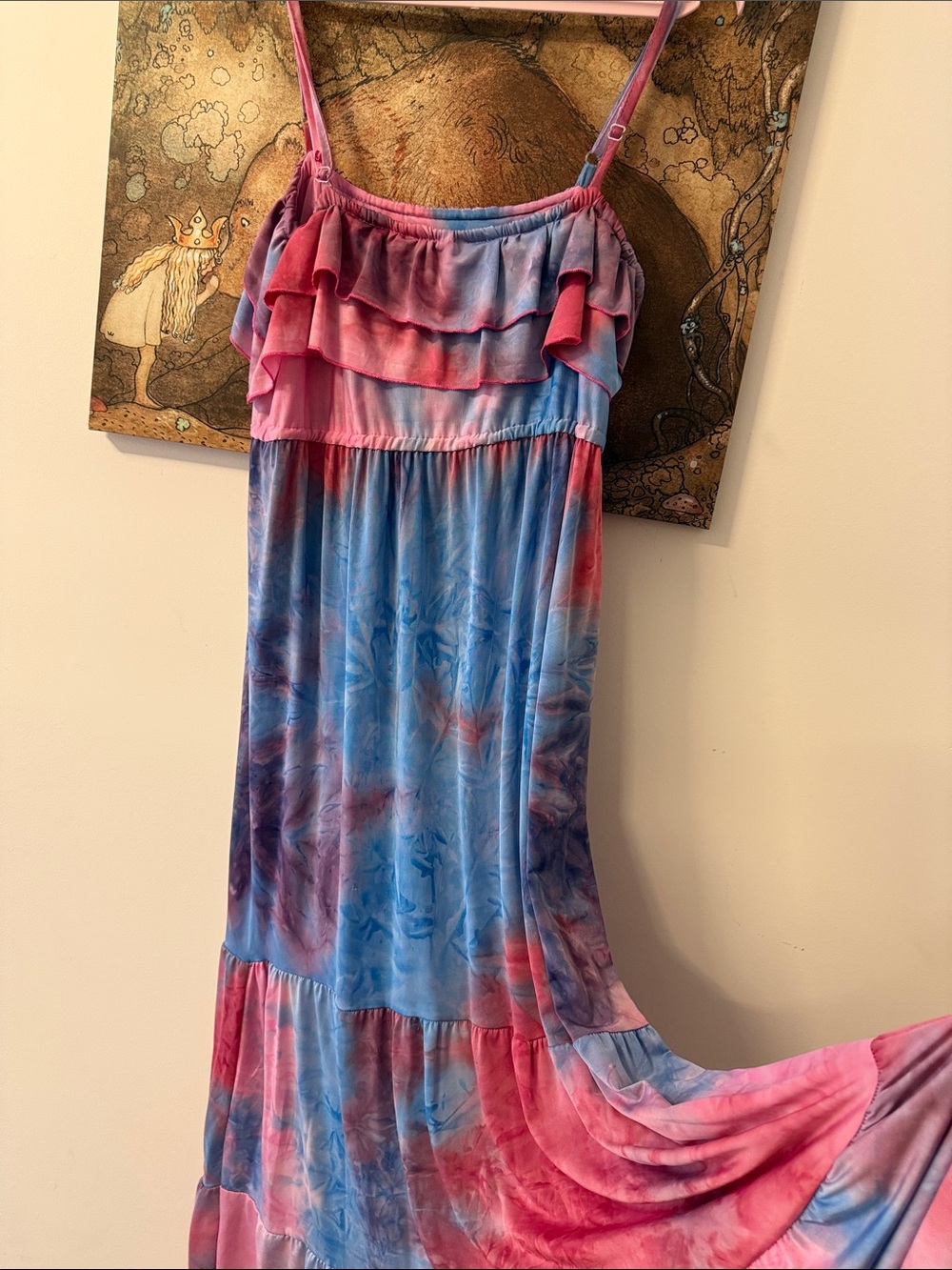 Tie-Dye Ruffle Maxi Dress in Pink & Blue